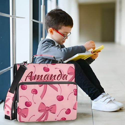 Image of Custom 3 Ring Zipper Binder Bow Cherry Pink Personalized Name 1.5 inch Binders Large Capacity Multi Pockets for School Office Supplies