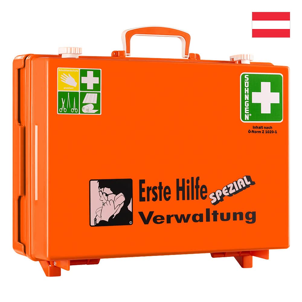 SÖHNGEN Erste-Hilfe-Koffer Verwaltung, Wandhalterung, orange, ÖNORM Z 1020 Typ 1 aus Kunststoff, Art.-Nr. 390210 | Verbandskasten | Notfallkoffer | Erste Hilfe Kasten