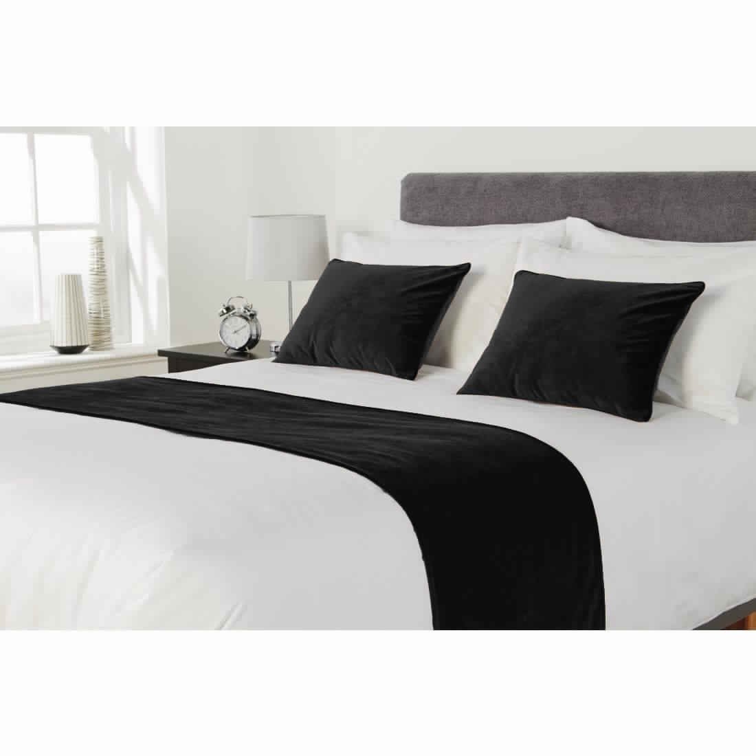 Hotel Collection Bed Runner Set :1pc flossed Velvet Bed Runner |Scarf | Throw with 2 pc 20" x 20" Cushion Cover |Pillow Shams| Bed Accessory | Room Decor| (Black, Super Queen -20 X 88 INCHES)