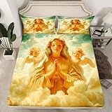 Angel Holy Mother Bedding Set Queen Size,Mary Bless Fitted Sheet 3Pcs for Kids Girls Boys Adult Room Decor,Heaven Cloud Sky Bed Sheets Christian Bible Verse Deep Pocket Sheet,2 Pillowcases