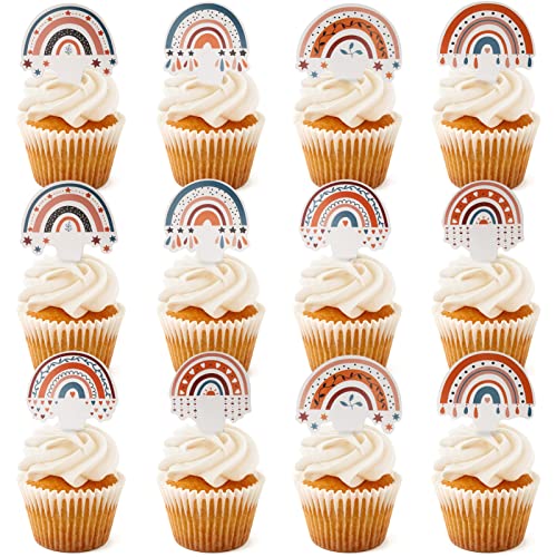 BAIDA Boho birthday decorations,24PCS Boho Rainbow cake topper,Bohemian Rainbow Theme for Girls First Birthday Party Supplies, (24)