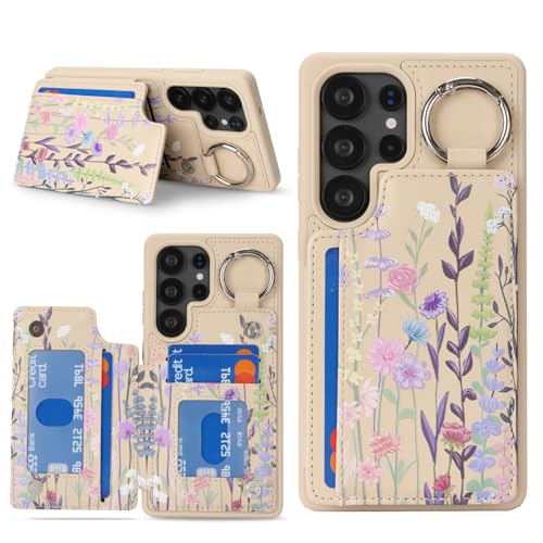 Étui Samsung Galaxy S25 Ultra avec fentes pour cartes de crédit et anneau support fleur