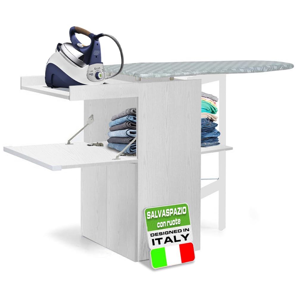 Meuble de table à repasser rétractable blanc frêne à roues