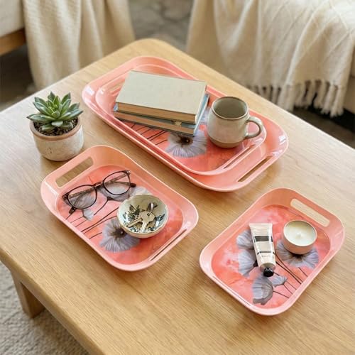 Image of Set of 3 Printed Plastic Serving Trays with Handles Multipurpose Kitchen & Dining Serving Tray Set Lightweight Durable Easy to Clean for Tea Coffee Snacks Breakfast Food Serving Floral Design