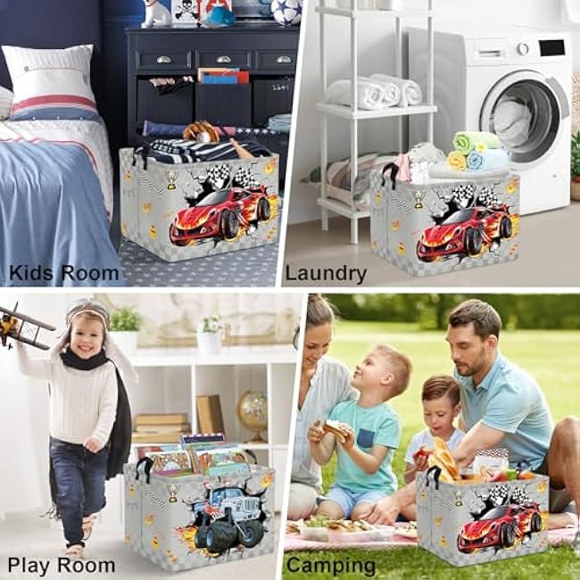 Clastyle Sport 3D Racing Car Boy Room Basket Racing Flag Monster Truck Toy Book Shelf Basket Large Rectangle Collapsible Dirty Clothes Storage Bin, Grey, 40 * 30 * 30 cm