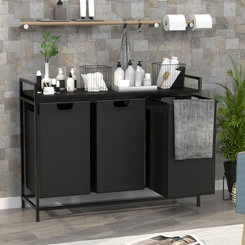 La Mejor Recopilación de Cesto para Ropa Sucia Coppel Top 10. 45 RWDKDTX Cesto Ropa Sucia 3 Divisione, Cesta de Ropa Elegante con Estante y Bolsas de Tela Extraíbles, 95L Cestas Organizadoras Lavanderia Grande para Baño, 93 * 33 * 73cm, Negro