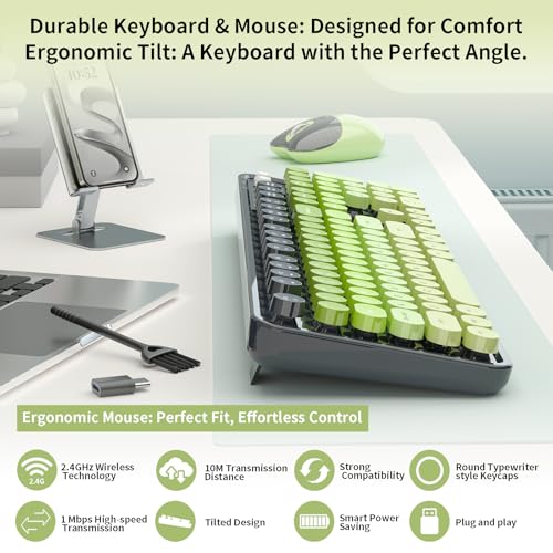 Image of Wireless Keyboard and Mouse, MOFII 104 Round Keycaps Retro Typewriter with OTG & Brush, Full-Size Ergonomic, Ideal for Windows PC, Home, Office and College Gray Green
