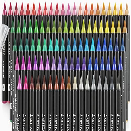 ARTEZA Real Brush Pens, 96 Paint Markers with Flexible Brush Tips, Professional Watercolour Pens for Painting, Drawing, Colouring & More, 100% Nontoxic, Multiple Colours