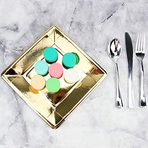 Pack of 100 Gold Disposable Shiny Foil Paper Plates, Square 7", Party Supplies for Appetizer, Lunch, Dinner, or Dessert - Thumbnail 6