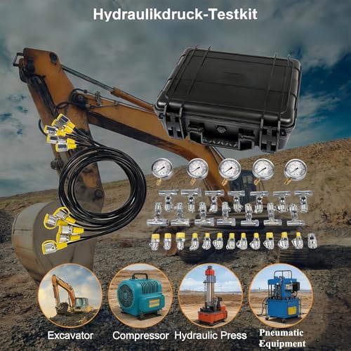 Hydraulikdruck-Testkit, 5 Messgeräte (10/100/250/400/600 bar), 13 Kupplungen, 14 T-Anschlüsse, 5 Testschläuche mit Tragetasche für Bagger-Traktoren-Maschinen Hopzty