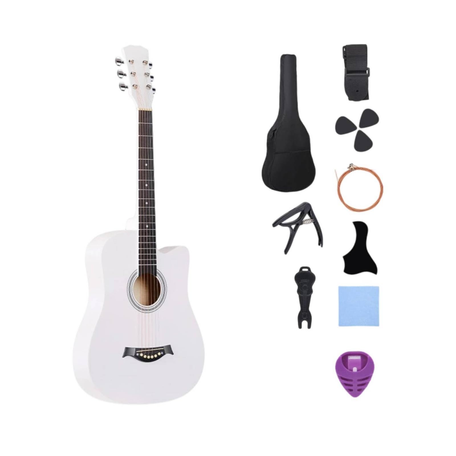 Chitarra Acustica Folk 38 Pollici Chitarra Classica Chitarra a Sei Corde Strumento a Corde con Tastiera Scura Foro con Borsa Tracolla Plettri, Bianco