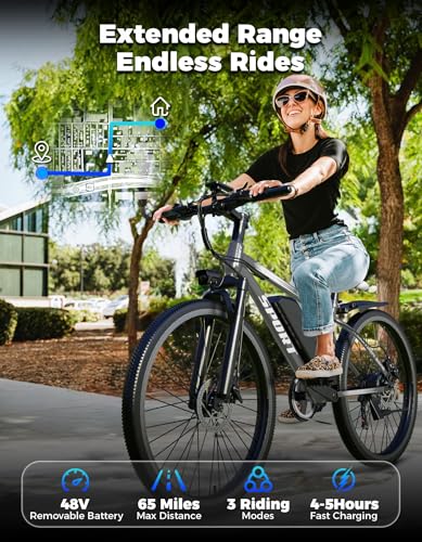Image of Electric Bike for Adults, 1500W Peak Mountain Ebike with 25 MPH, 65 Miles Range, 48V 10.4Ah Removable Battery Ebike, 26 inch Electric Bicycle for Commute