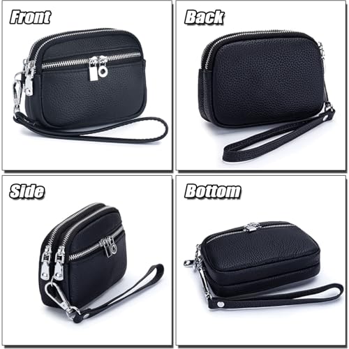 Genuine Leather Womens Coin Purse with Removable Wrist Strap, 3 Compartments Wallet, Stylish Cowhide Wristlet Clutch2