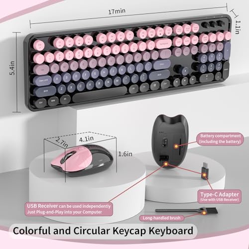 Image of Wireless Keyboard and Mouse, MOFII 104 Round Keycaps Retro Typewriter with OTG & Brush, Full-Size Ergonomic, Ideal for Windows PC, Home, Office and College Peach Pink