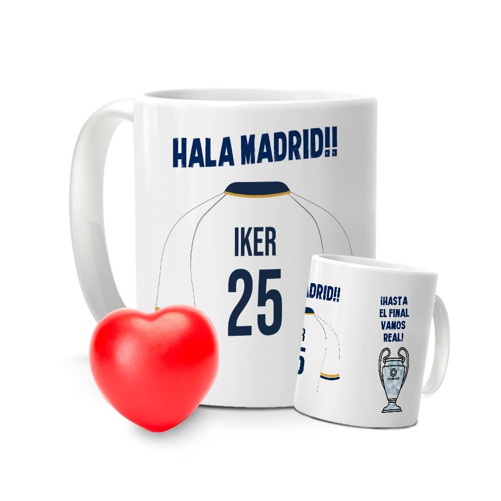 mundohuevo mundohuevo Taza Personalizada Real Madrid con corazón antiestrés | Tazas de Desayuno Fútbol | Regalo Original para Merengues | Fútbol para Niños | Regalos Camisetas Futbolistas | Copa Orejona