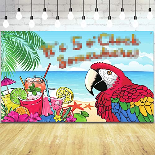 It's 5 O'clock Somewhere Backdrop Parrot Pattern Summer Tropical Sea Beach Photo Booth Backdrop Background Banner for Summer Tropical Luau Hawaiian Aloha Party Decoration Supplies, 71 x 43 Inch
