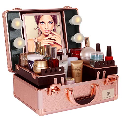 Makeup Case with Mirror Portable Cosmetic Organizer Box with 4 LED Lights 2 Detachable Trays for Professional Artists, Rose Gold