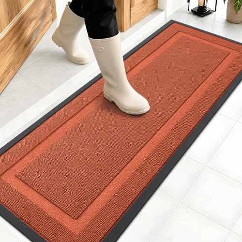 Image of OLANLY Front Door Mat Indoor Outdoor Entrance, Waterproof All-Season, All-Weather Doormat, Sturdy Natural Rubber, Low Profile, Easy Clean Patio Porch Entryway Mat, 47x17, Vermillion Red