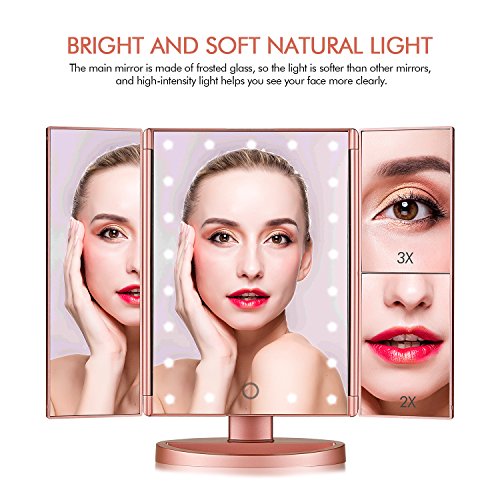 Flymiro Tri-Fold Lighted Vanity Makeup Mirror With 3X/2X Magnification,21 Leds Light And Touch Screen,180 Degree Free Rotation Countertop Cosmetic Mirror,Travel Makeup Mirror (Rose Gold) #TOP3