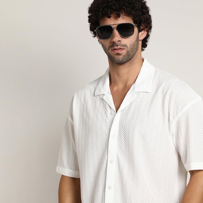 Image of CAHOOT Men's Oversized Shirt for Casual Wear | Cuban Collar | Short Regular Sleeves | Button Closure | Oversized Shirt Crafted with Comfort Fit for Everyday Wear