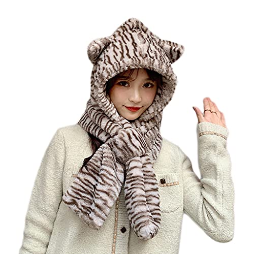 Fashion Winter Warm Bear Ears Hat Stripes Windproof Multi-Functional Fashion Hat Windproof Scarf & Hat Combo