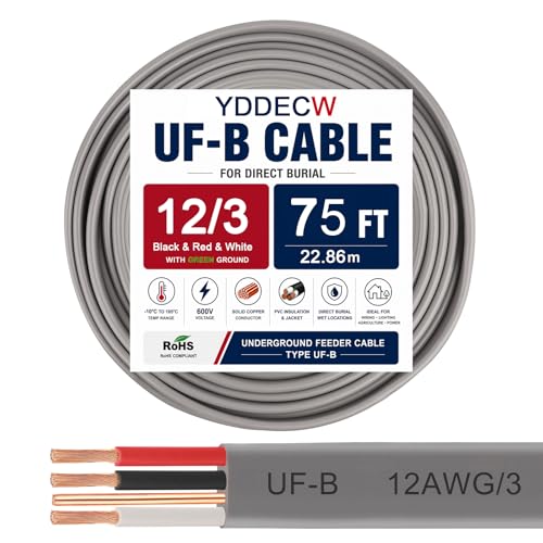 Image of 12 /3 UF-B Wire - 75FT 100% Pure Copper 12AWG 3 Connector Direct Burial Electrical Cable 12 Gauge for Underground Feeder Wet or Corrosive Locations Indoor & Outdoor etc