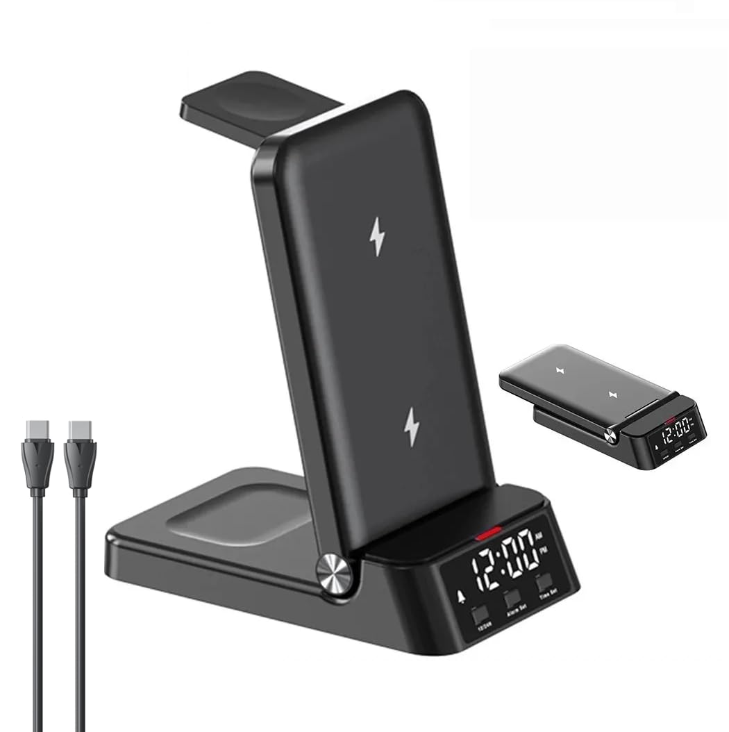 T Teclusive 25w 3 in 1 Wireless Charger Compatible for Galaxy S25 S24 S23 S22 Ultra Flip Fold 6 5 4 3 Galaxy Watch Ultra 7 6 5 Pro 4 3 Buds | 3 in 1 Fast Wireless Charging with Digital Clock - Black
