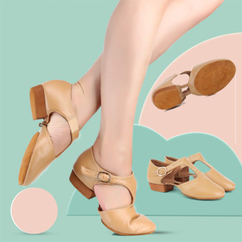 JUODVMP Zapatos de Danza Moderna Jazz para Mujer,Cómodo Ponerse Cuero Fino Zapatillas de Danza de Jazz de Práctica,Modello JS359