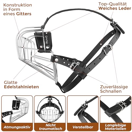 CleverTail Metall-Maulkorb für große Hunde – Körbchen-Maulkorb mit verstellbaren Lederriemen – Käfig-Maulkorb zum Verhindern von Beißen für Hunde mit kurzer Schnauze, Boxer, Bulldogge