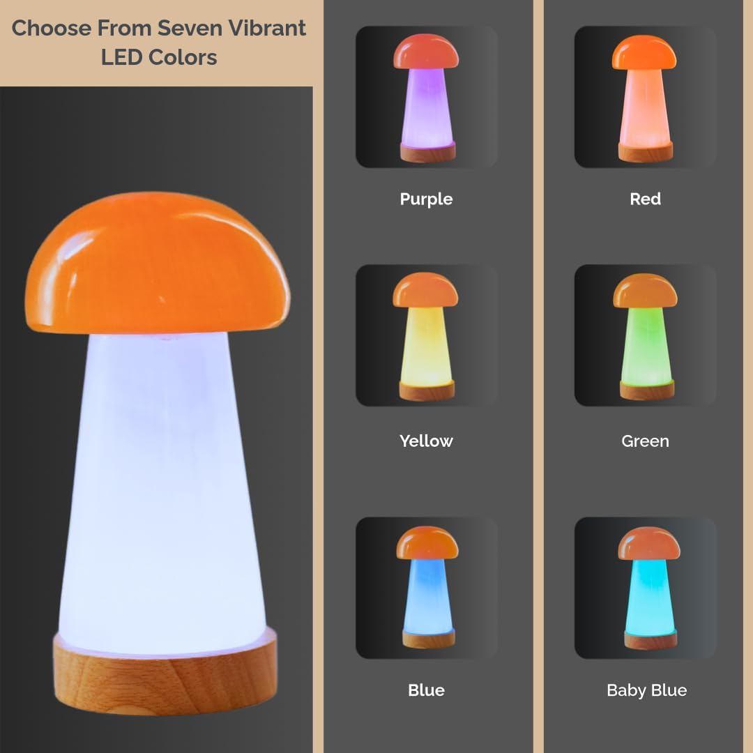 Wish Well Mushroom Selenite Lamp with 7 Color LED Wooden Base - 6” Mushroom Selenite Tower Healing Crystals for Zen Decor, Spiritual Room Decor, Energy Healing, and Protection Crystals