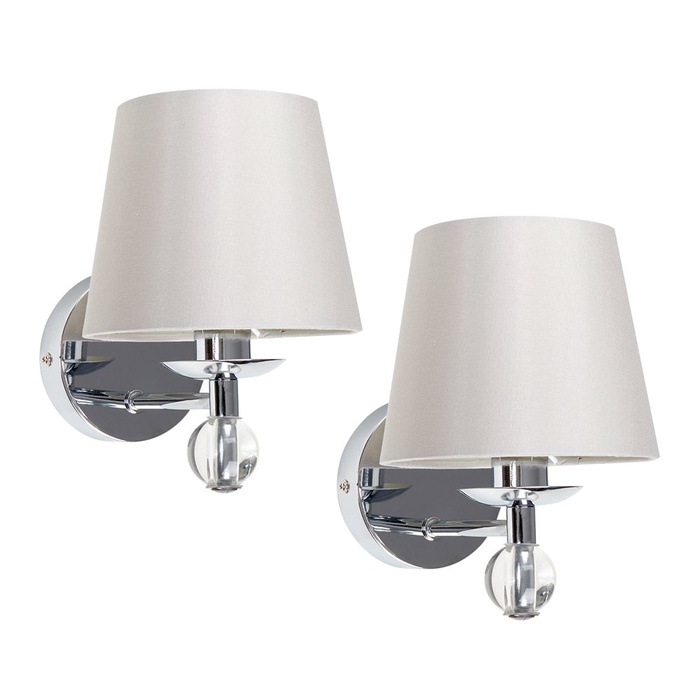 MiniSun | Modern Polished Chrome & Clear K9 Lead Crystal Wall Light Fittings with Tapered Grey Fabric Shades | Outdoor Wall Lights, Home Décor & Improvement Essential | Pair of 2 | Mains Wired