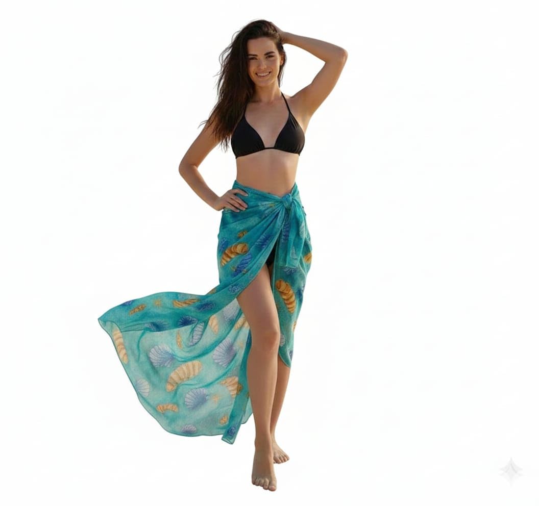 Beach Paradise Women's Seashell Print Georgette Sarong Pareo, Turquoise Blue Beachwear Cover Up, Lightweight Summer Wrap