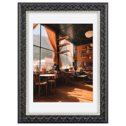 Image of Golden State Art, 10X14 Ornate Finish Photo Frame With White Mat for 8.5x11 Picture & Real Glass, Color: Black With Silver & Burgundy