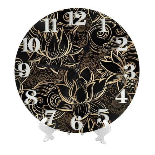 和風 和柄 花柄 蓮 金色 ブラック 上品 壁掛け時計 ウォールクロック 置き時計 インテリア 壁かけ時計 アナログ 静音 連続秒針 Wall Clock 電池式 ベッドルーム 置き掛け兼用 見やすい デスクトップクロック リッピング