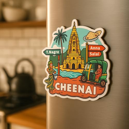 Image of Naxon Chennai City Theme Souvenir Wooden Fridge Magnet for Refrigerator - Printed Fridge Magnet for Kitchen & Home Decor | Perfect Souvenir Gift | Size 3x3 in | Pack of 1