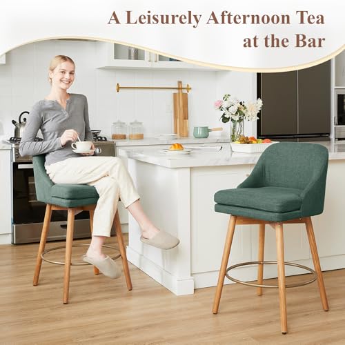Image of kinmars Modern Bar Stools Set of 2,Swivel Counter Height Bar Stools with Soft Upholstered Back,Thick Seat,Wooden Legs, 27 inch Counter Stools for Kitchen Island (Green, 4 Pieces - 27 inch Counter Height)
