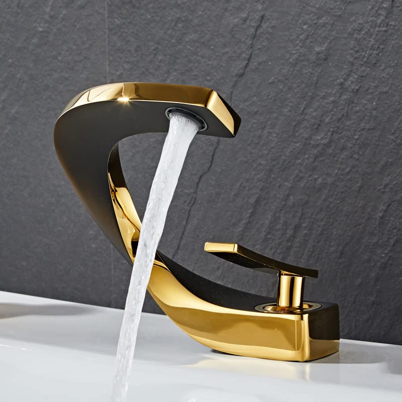 Robinet lavabo salle de bain mitigeur eau chaude et froide monotrou noir et or