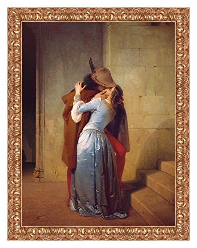LuxHomeDecor Quadro stampa su tela Francesco Hayez The Kiss con cornice in legno oro classico misura 83x63 CM