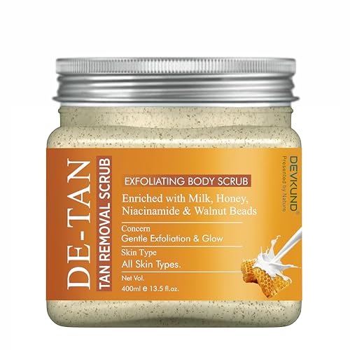 Image of De-Tan Removal Face & Body Scrub | Enriched with Milk, Honey, Niacinamide & Walnut Beads | Tan Removal, Brightening & Skin Polishing Exfoliator - 400ml