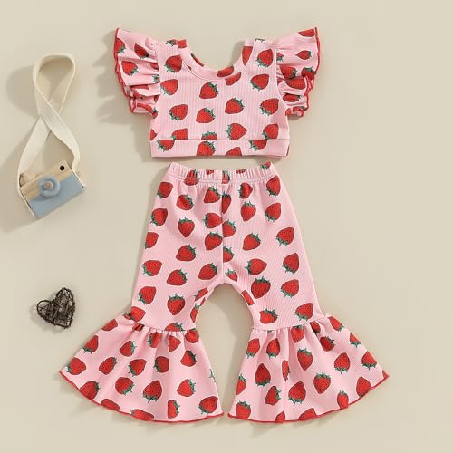 Honganda Fashion 2Pcs Toddler Baby Girl Strawberry Outfit Set Ruffle Short Sleeve Crop Top Flared Pants Summer Knit Clothes3