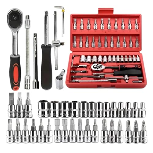 Jogo de Ferramentas Profissional com Chave Catraca, 46 Peças, Estojo Plástico, Soquetes e Pontas Variadas para Mecânica e Manutenção