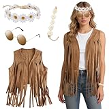 Disfraz Hippie Mujer,Conjunto de Disfraz Hippie de los Años 60 y 70 para Mujer,Disfraces de Carnaval Chalecos Hippies,Chaleco Hippie Accesorios Hippies,Para Carnaval,Mardi Gras,Fiesta Temática