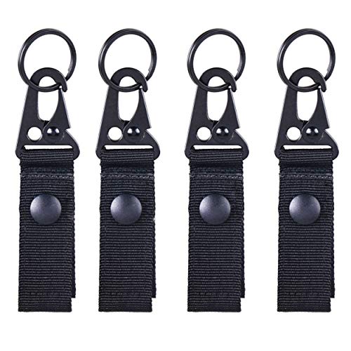 Azarxis Tactical Molle Key Ring Chain Gear Clip Key Keeper Keychain Nylon Belt Key Holder Carabiners Hanger Buckle Hook (Black - Pack of 4)