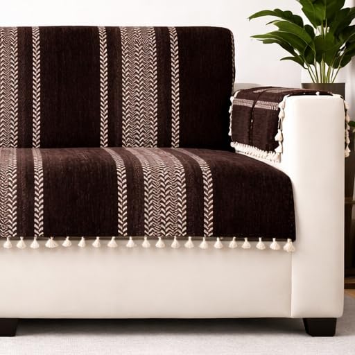 Image of STITCHNEST Chenille Printed Sofa Cover 3 Seater with 2 Hand Rest Covers - Washable Brown Sofa Cover with Tassels - Durable Premium Fabric - Stylish Sofa Protector for Living Room & Furniture Decor