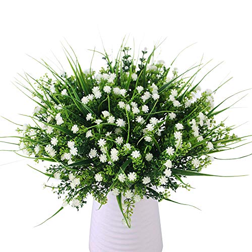 JaneYi 6 pièces Fleurs Artificielles en Plastique Gypsophiles pour Arrangement Floral Plantes de Verdure pour Décoration de Intérieur Extérieur Maison Cuisine Balcon Jardin Bureau Fête - Blanc