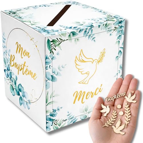 Urne Baptême pour Garçon et Fille | Boîte pour Enveloppes, Cartes & Cagnotte | Décoration Baptême ou Communion | Confettis Bois Colombe | Deco Table...