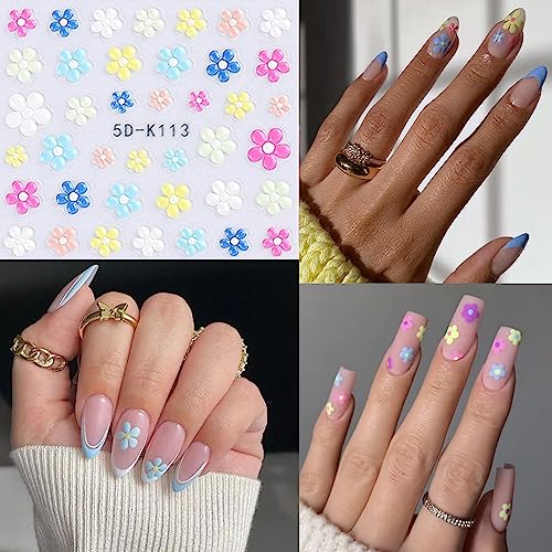 Daisy Nail Sticker 5D Embossed Flower Nail Art Supplies Floral Nail Art Stickers Self-Adhesive Luxurious Colorful Daisy Exquisite Design Stickers For Women Leaf Bunny Spring Nails Decorations 4Sheets #TOP3