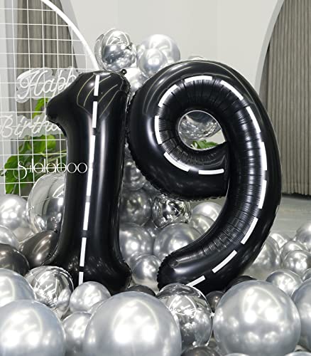 Image of Race Car 40 Inch Black 19 Big Large Helium Balloon Number 0-9 | Track Giant Digital 19th Foil Mylar Party Balloons for Men Birthday Car Theme Party Anniversary Graduation Decorations