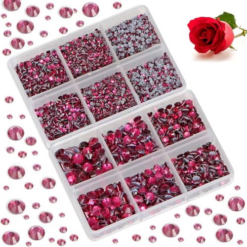 Image of Bymitel Hotfix Crystal Rhinestones Round Gems for Crafts,Mixed 6 Sizes with Wax Pencil Kit, Fuchsia 1.6-6.3mm SS4-SS30 /8000pcs