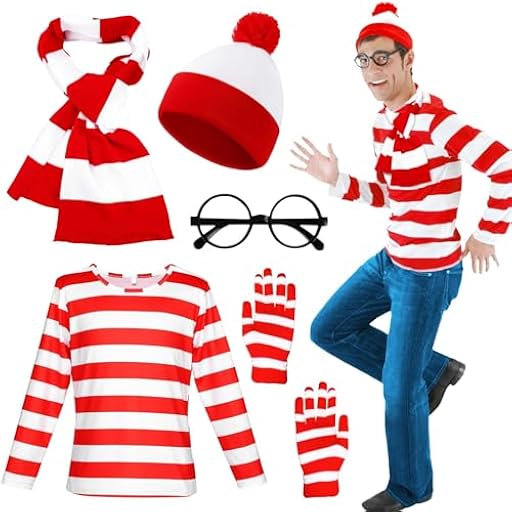 Conjunto de 5 piezas de disfraz de rayas rojas y blancas para adultos, conjunto de disfraz de cosplay con camisa de manga larga, gorro, gafas, bufanda, guantes, disfraz para el Día Mundial del Libro, | Ya disponible en tu tienda friki favorita! En mundofriki.es! Conjunto de 5 piezas de disfraz de rayas rojas y blancas para adultos, conjunto de disfraz de cosplay con camisa de manga larga, gorro, gafas, bufanda, guantes, disfraz para el Día Mundial del Libro, | Ya disponible en tu tienda friki favorita! En mundofriki.es!